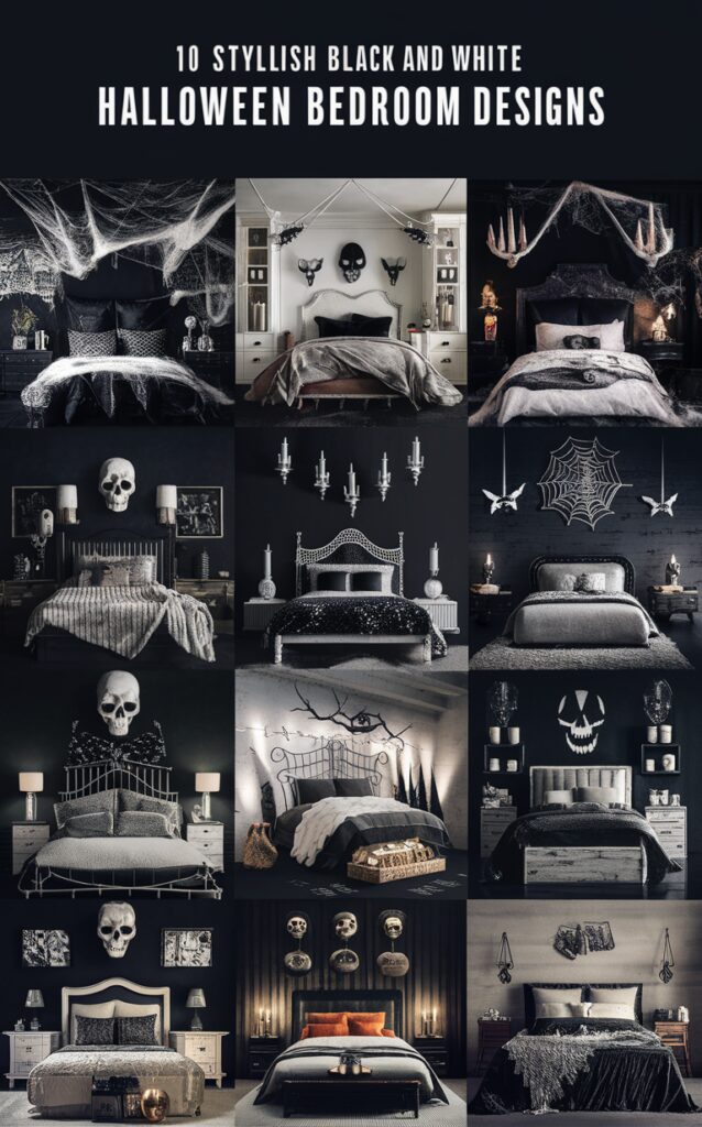 Halloween bedroom decor, Black and white decor, Spooky bedroom, Ghostly bedroom, Halloween-inspired bedroom