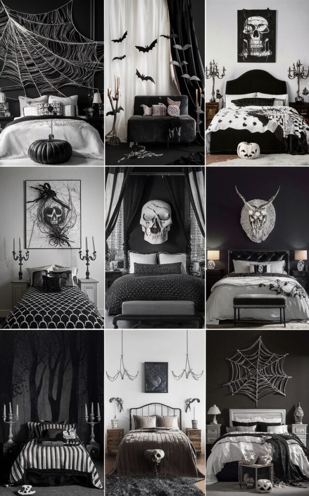 Black and white halloween decor, Spooky bedroom ideas, Halloween bedroom decorations, Haunted bedroom design, Ghostly Halloween bedroom