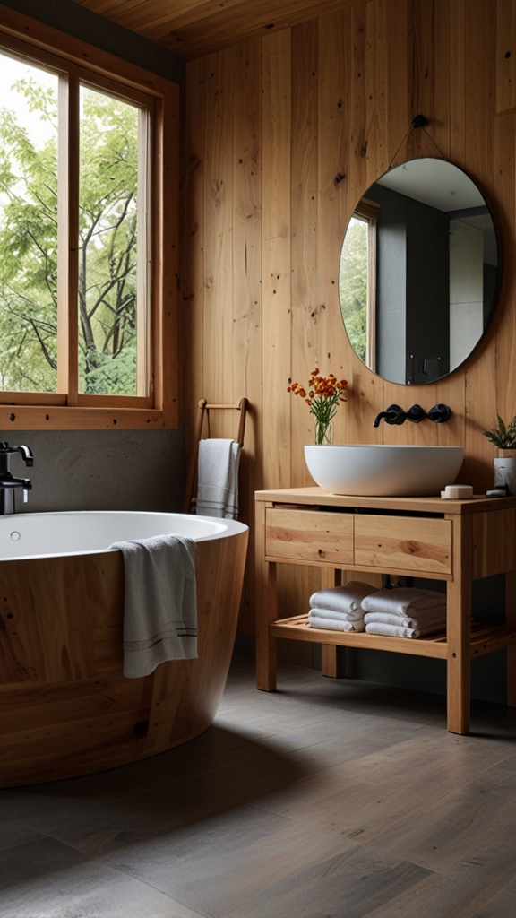 Wood-Accent Japandi Bathroom Interior for Natural Warmth