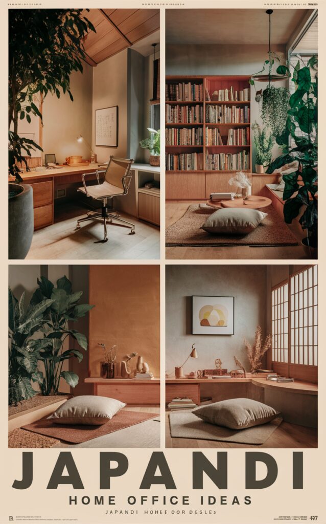 Home office design, Japandi decor, Minimalist workspace, Scandinavian style, Zen home office