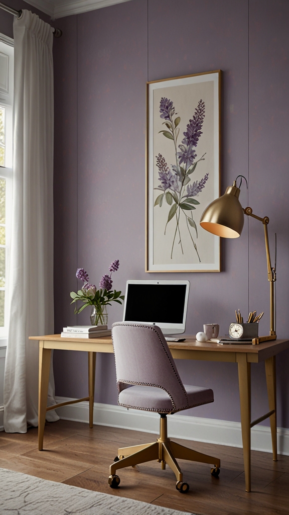 Lilac Walls, Home Office Paint, Workspace Makeover, Office Remodel