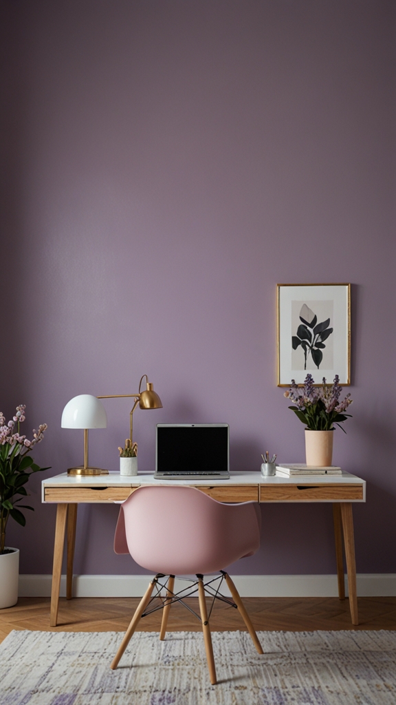 Lilac Walls, Home Office Paint, Workspace Makeover, Office Remodel