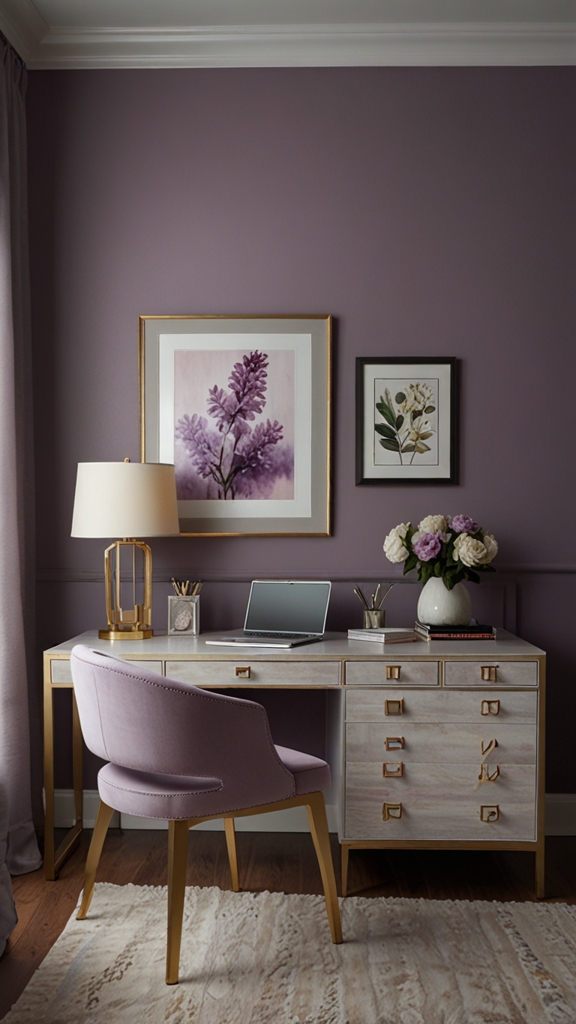 Lilac Walls, Home Office Paint, Workspace Makeover, Office Remodel