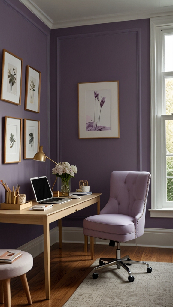 Lilac Walls, Home Office Paint, Workspace Makeover, Office Remodel