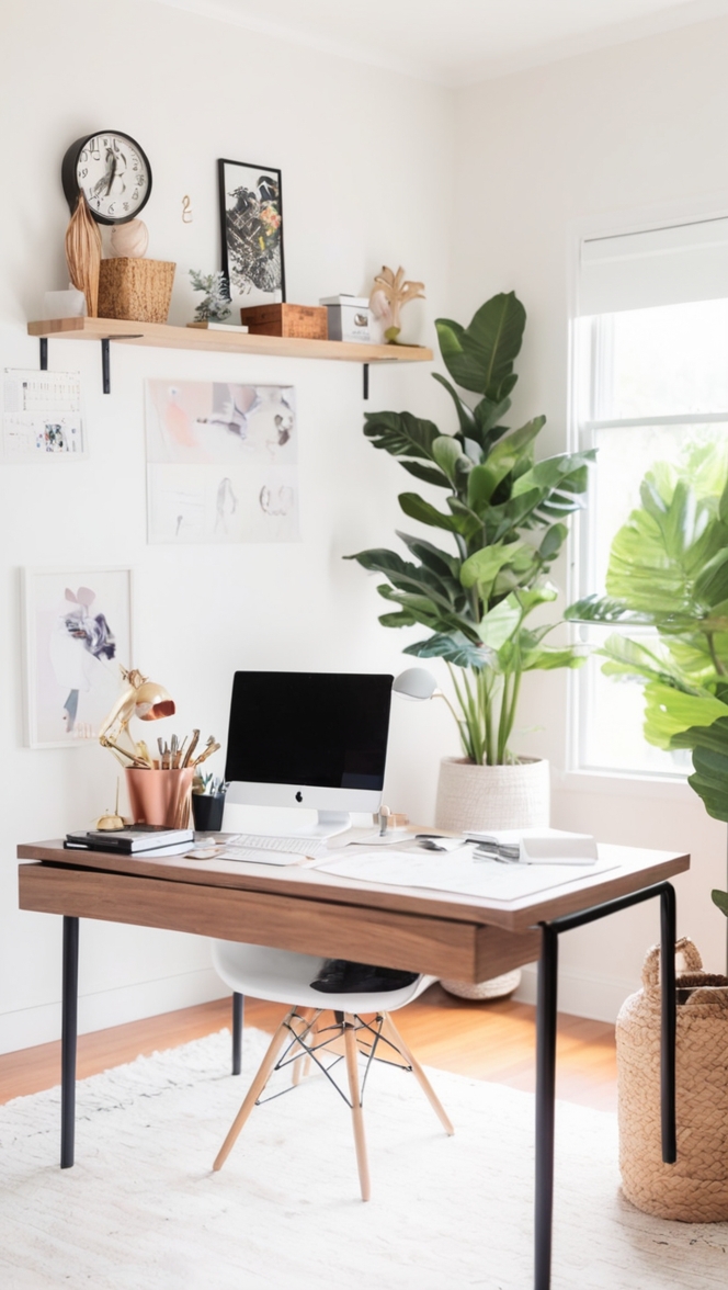 black desk styling ideas, home office interior design, modern desk decor, elegant office furniture, minimalist workspace design