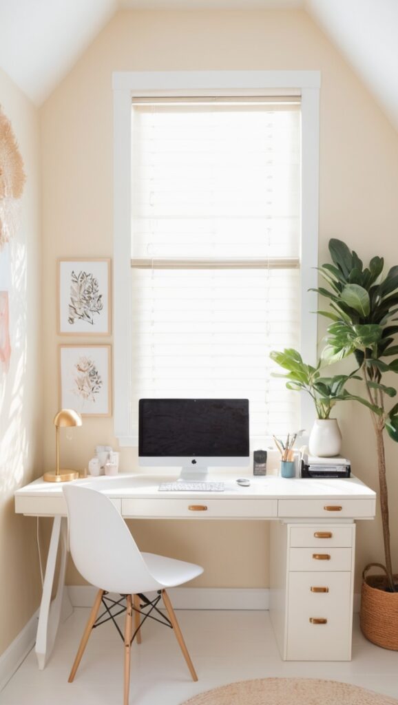 Sleek paint desk, Cream paint desk, Home office setup, Warm cream desk, Desk makeover