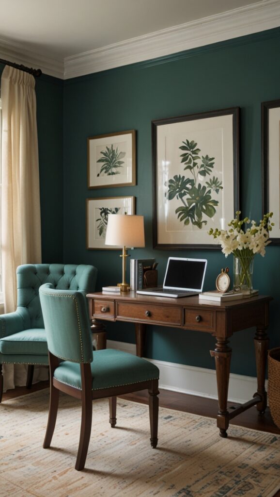 Blue Green Home Office Decor, Home Office Decor Ideas, Blue Green Color Scheme, Office Room Makeover, Blue Green Office Accents