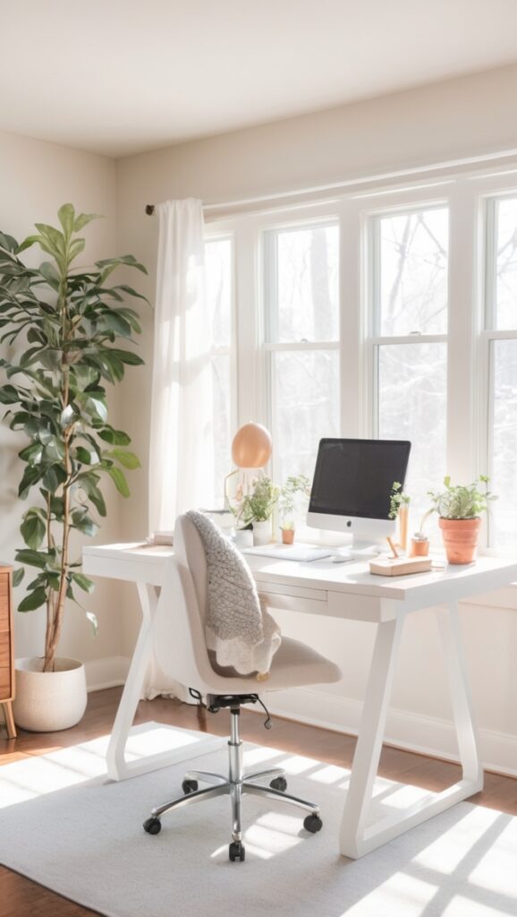 cozy home office decor, cozy workspace design, warm office atmosphere, cozy winter work environment, comfortable home office setup