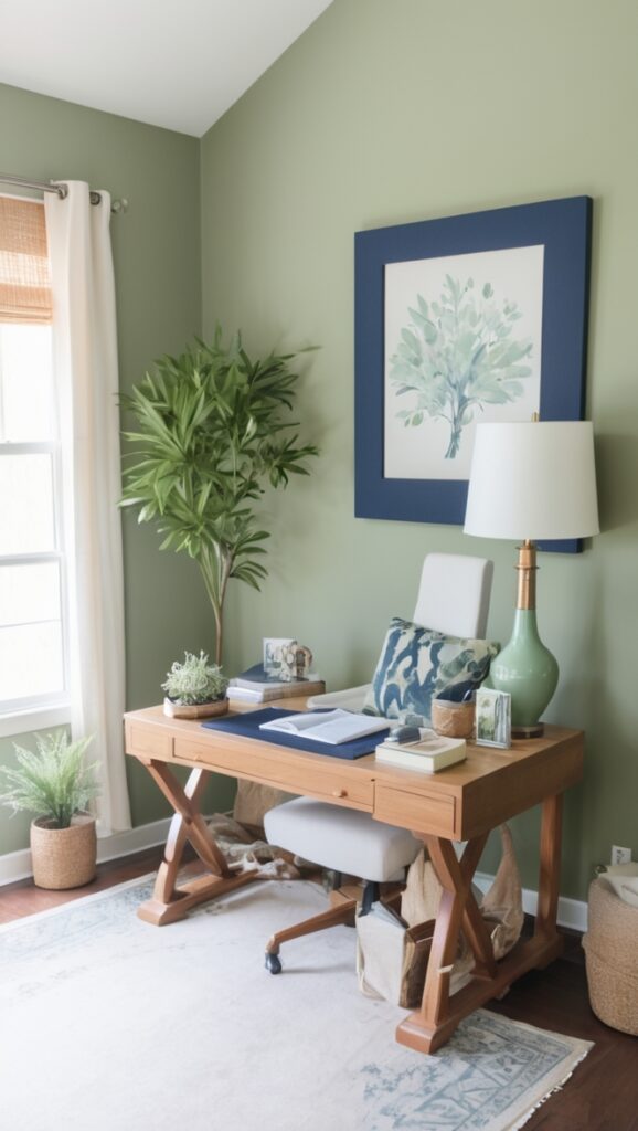 Sage green home office, Navy guest room, Home office decor, Navy accent wall, Green home office ideas