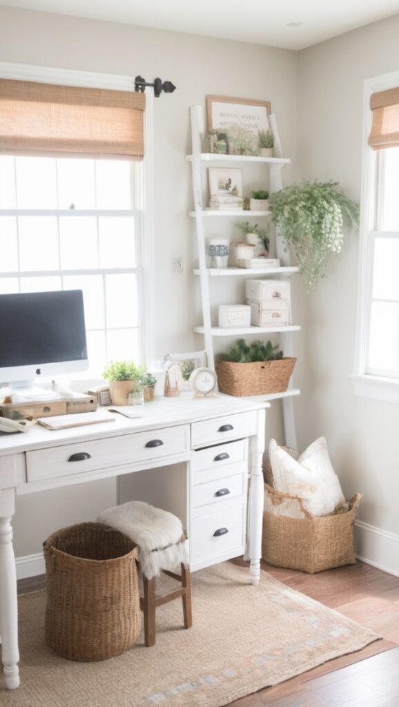 farmhouse decor, home office design, budget-friendly furniture, stylish office accessories, functional workspace