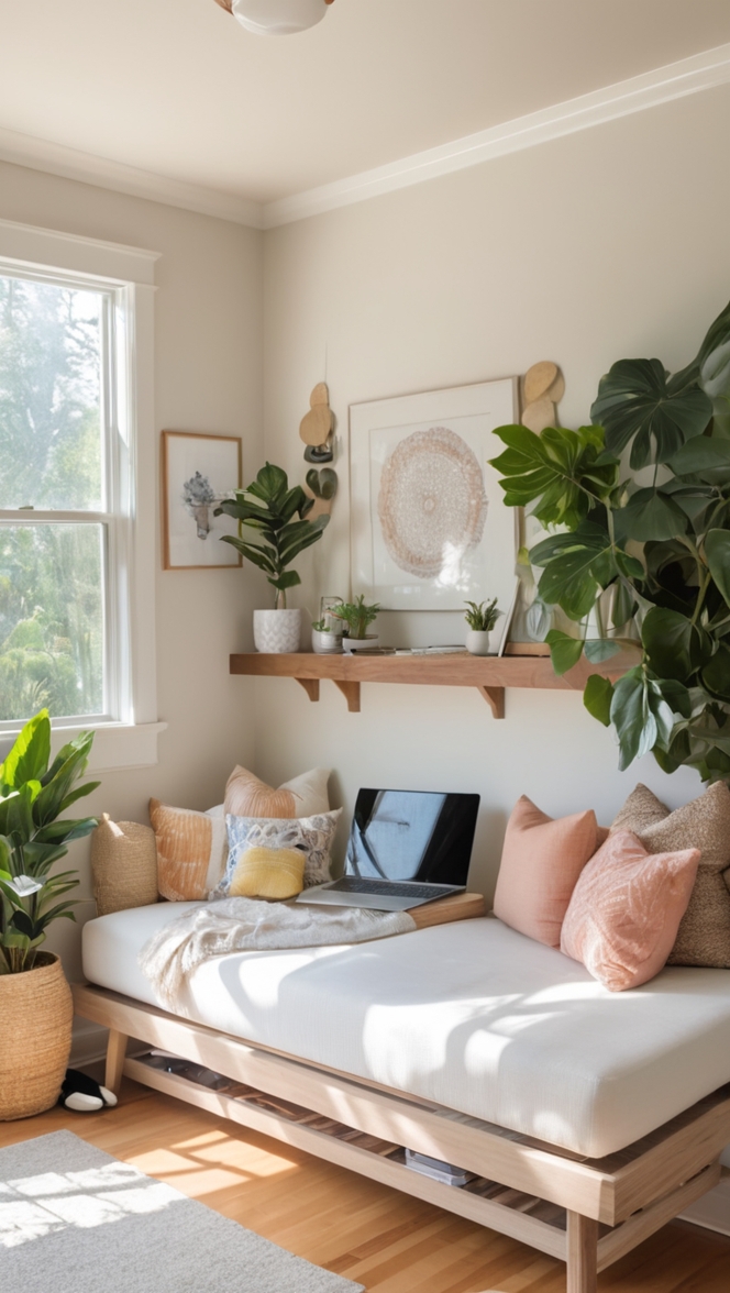 home office design, home office layout, cozy daybed, interior design, workspace layout