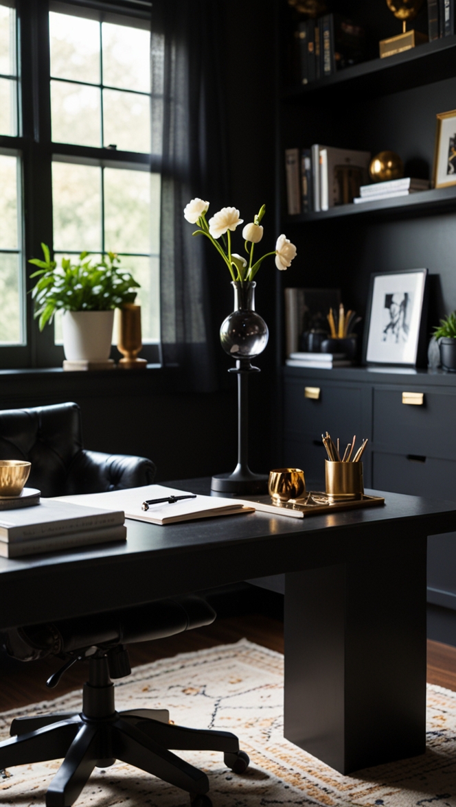 Bold black home office, Sophisticated home office, Moody black office, Chic home office, Elegant black workspace