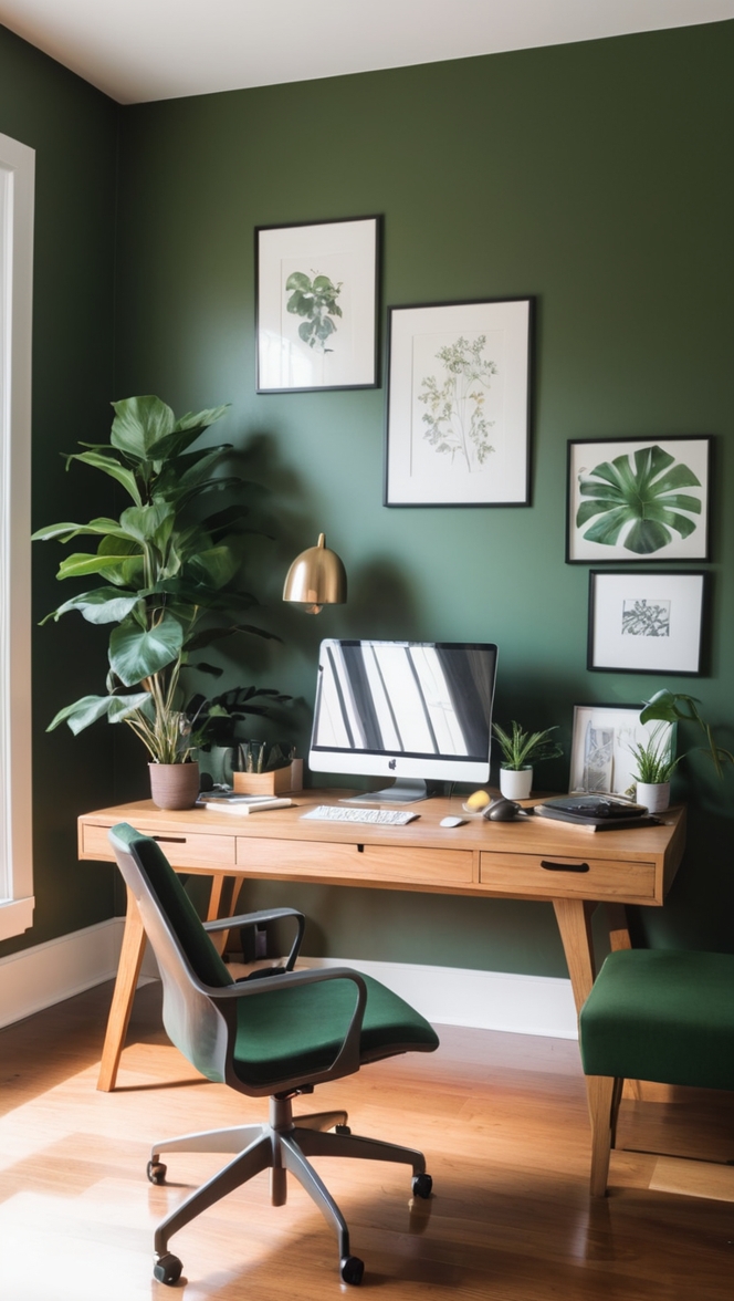 green office decor, modern office design, home office inspiration, stylish workspace, interior design ideas