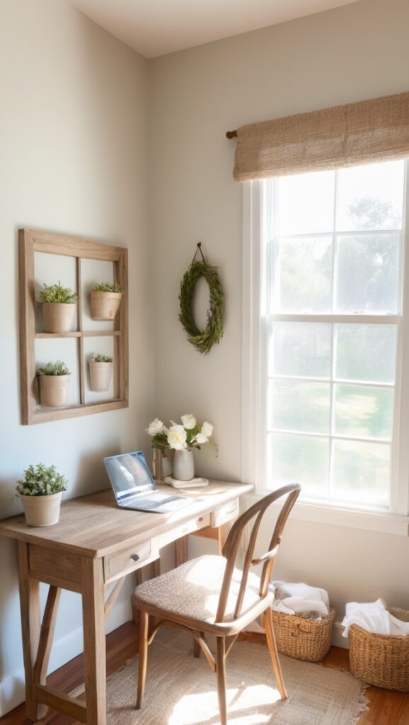 Farmhouse office decor, Natural linen paint, Productive workspace design, Interior decorating ideas, Home office renovation