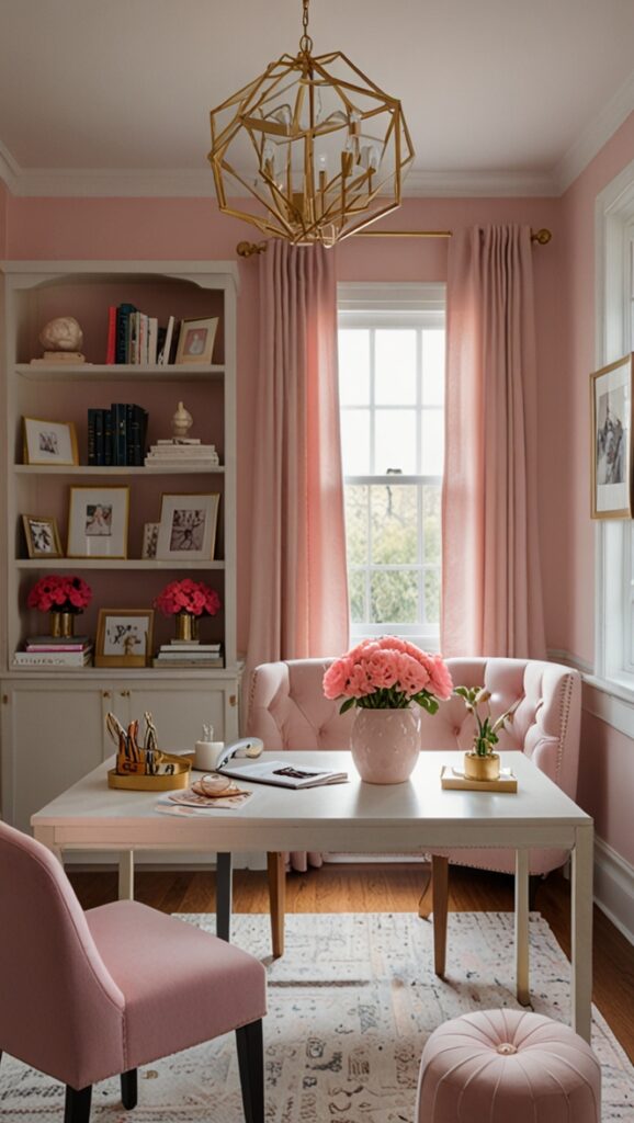 Feminine home office decor, Stylish home office design, Pink office accessories, Feminine workspace ideas, Productive home office setup