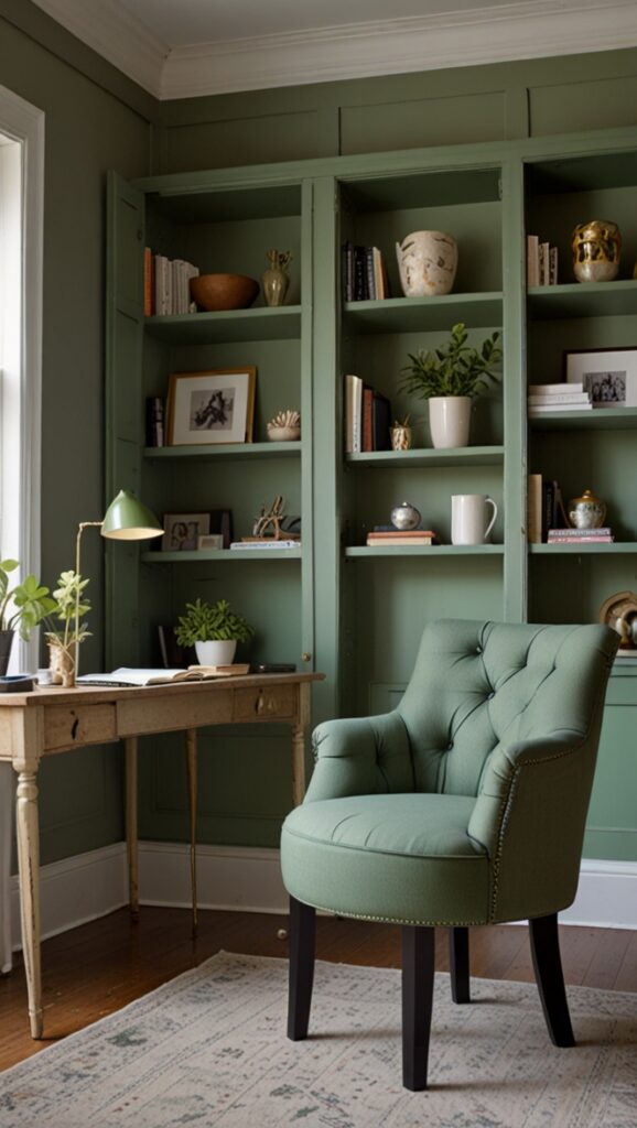 Home Office Decor, Sage Green Decor, Office Interior Design, Home Office Renovation, Green Office Decor