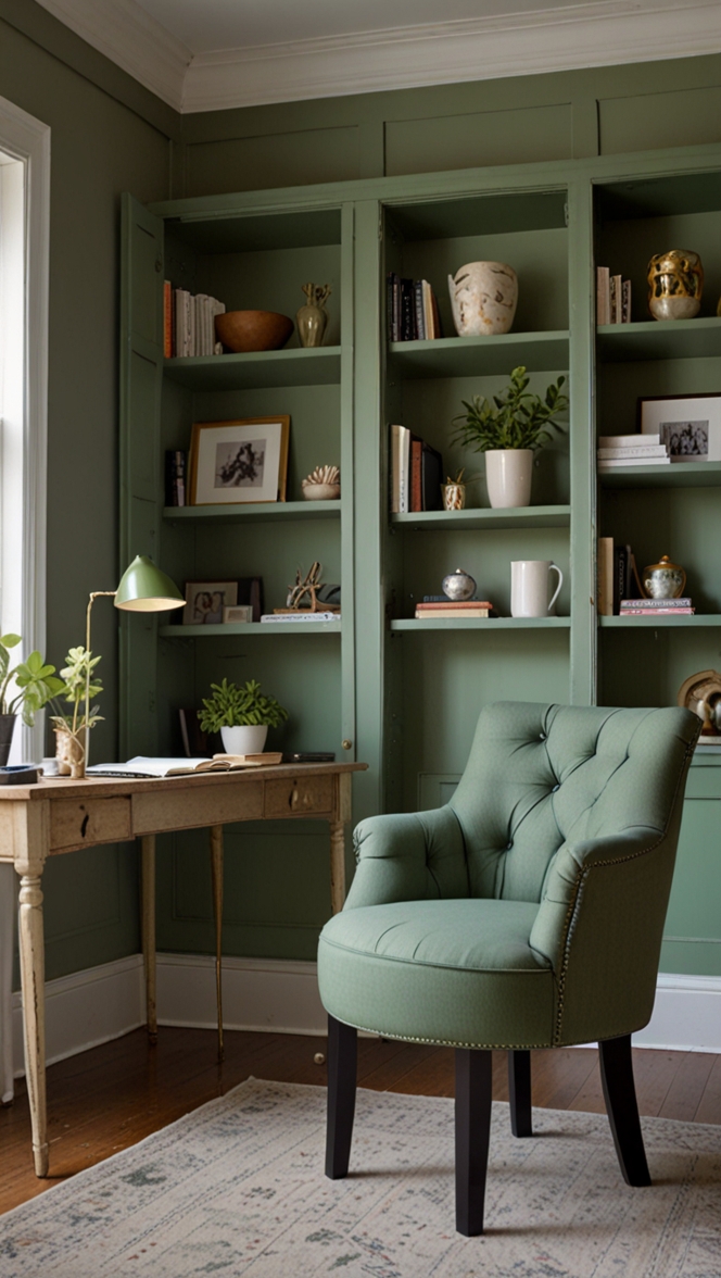Home Office Decor, Sage Green Decor, Office Interior Design, Home Office Renovation, Green Office Decor