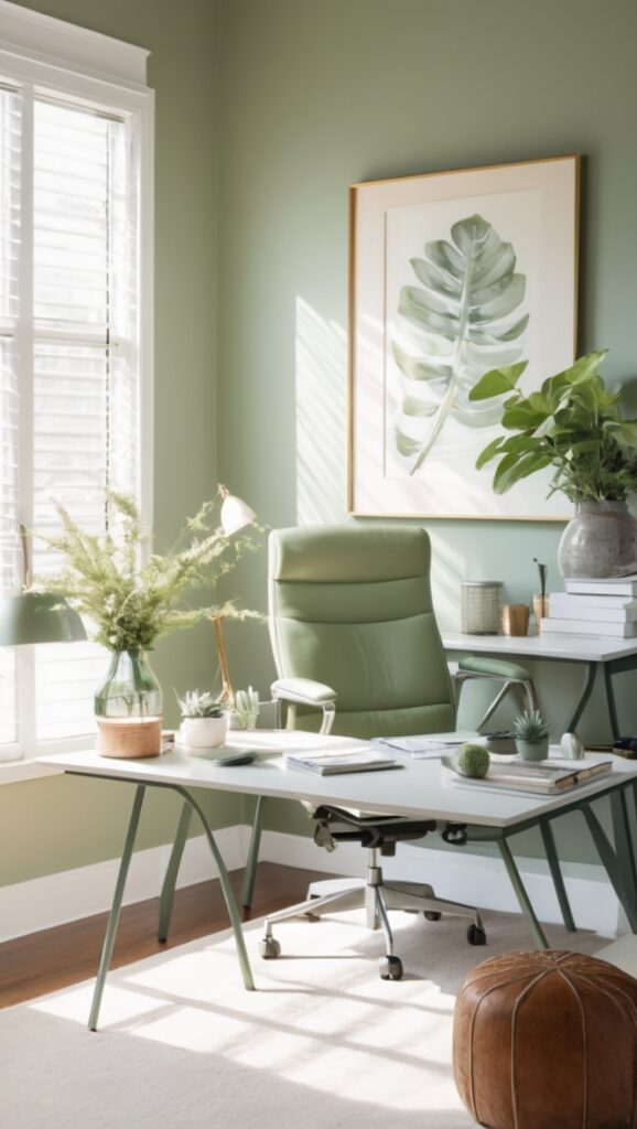 Office decor, Green color scheme, Sage green decor, Interior design, Home office design