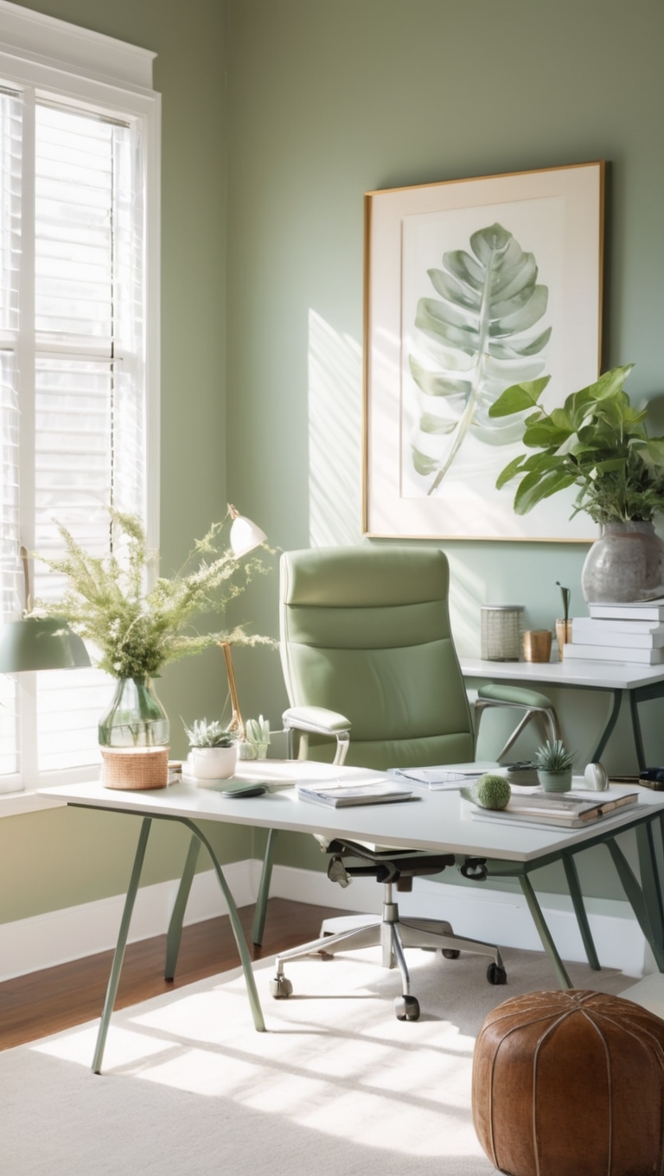 Office decor, Green color scheme, Sage green decor, Interior design, Home office design
