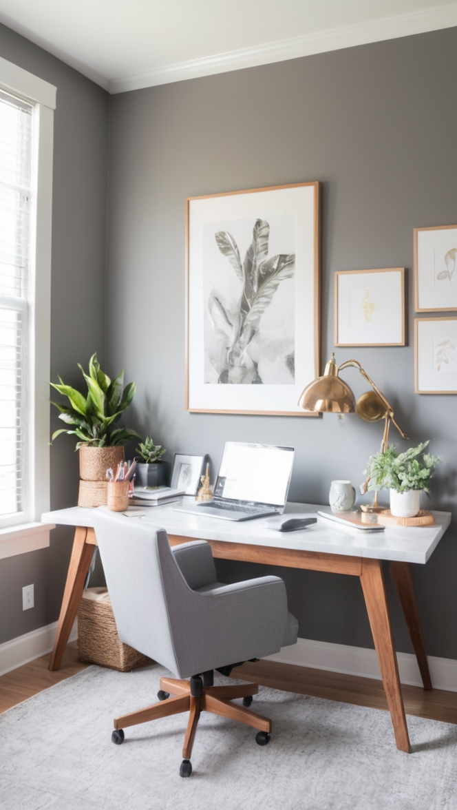 Grey wall paint, Home office decor, Interior design, Home office makeover, Neutral color palette
