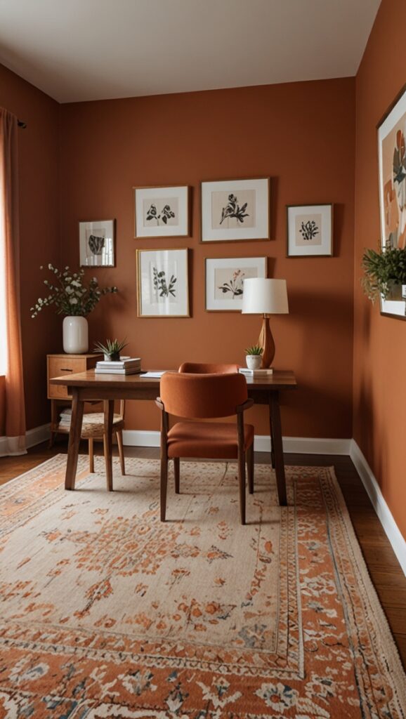 Cozy home office, Home office decor, Terracotta color scheme, Interior design ideas, Home workspace