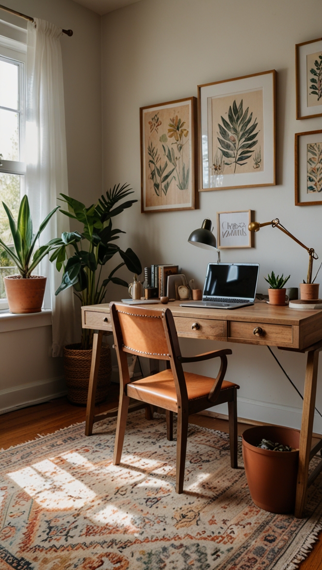 Bohemian office decor, Home office design, Bohemian home office ideas, Earthy office decor, Bohemian workspace