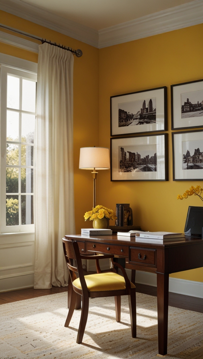 yellow office paint, best home office colors, warm paint colors, yellow office decor, yellow home office palette