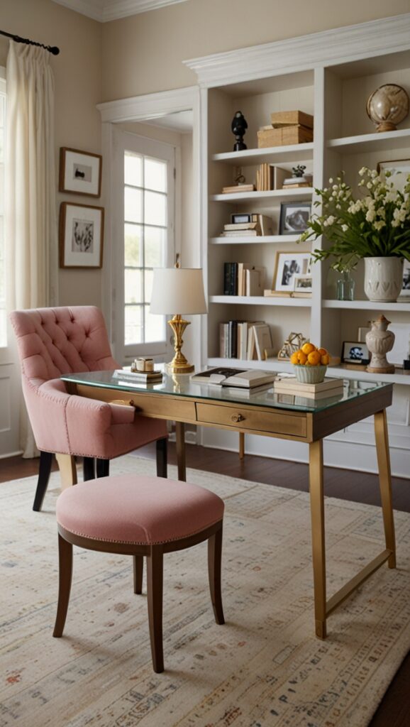 feminine office decor, classy home office, chic workspace, elegant office design, stylish desk accessories