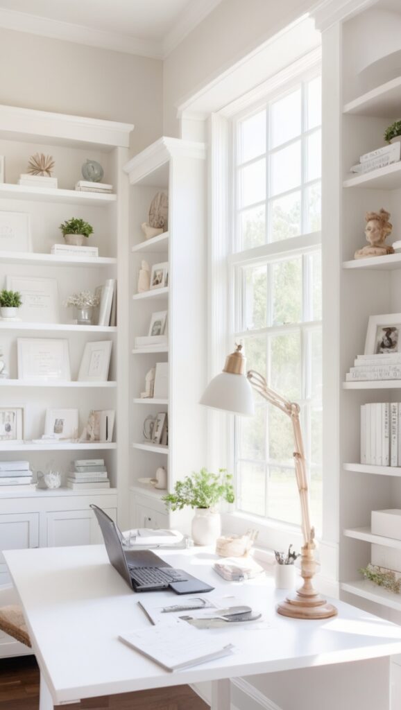 Farmhouse-inspired home office, Alabaster paint, Interior design ideas, Home office decor, Country chic office