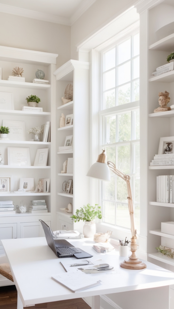Farmhouse-inspired home office, Alabaster paint, Interior design ideas, Home office decor, Country chic office