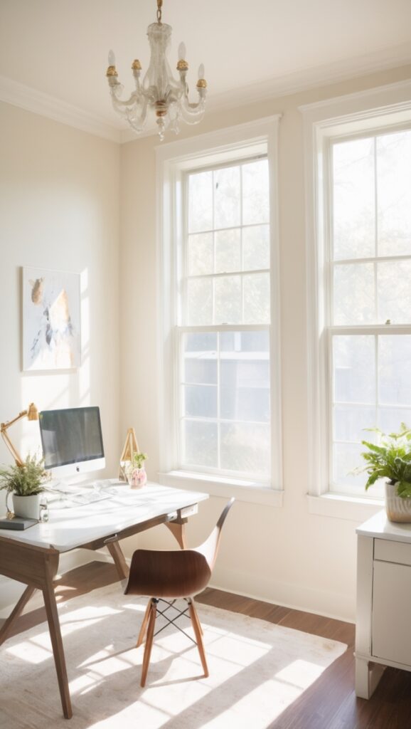 Alabaster white paint, warm office decor, airy office design, home office renovation, cozy workspace transformation