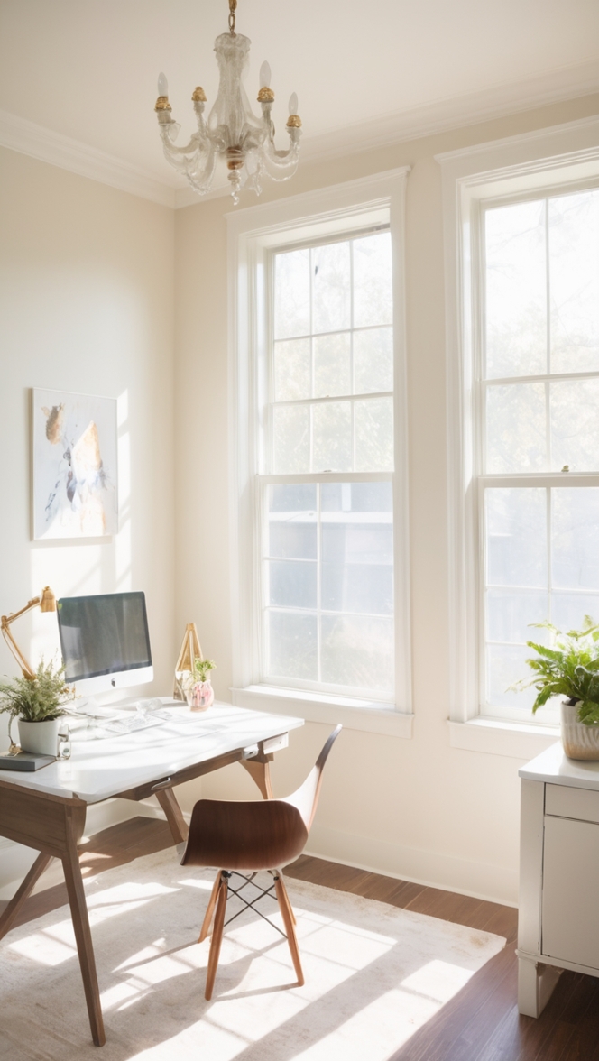 Alabaster white paint, warm office decor, airy office design, home office renovation, cozy workspace transformation