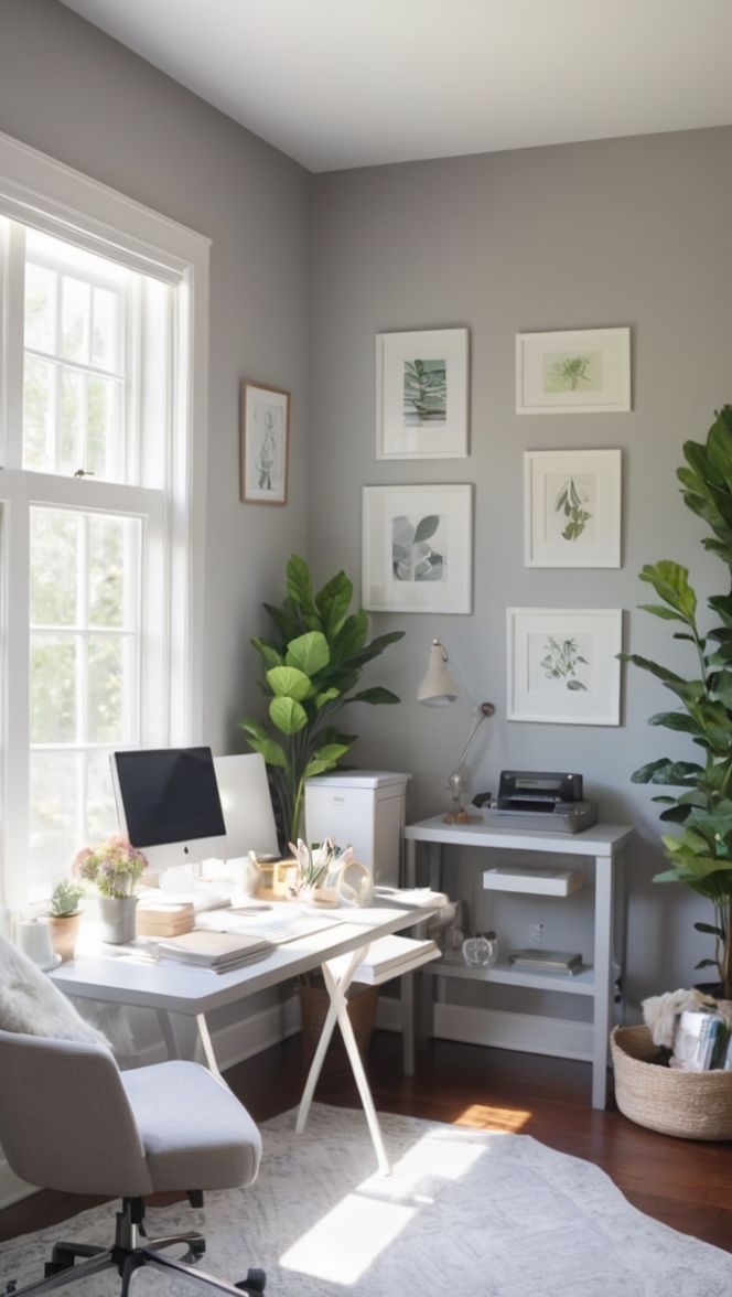 home paint, office decor, interior design, gray color palette, calming workspace