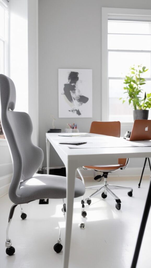 Office interior design, Gray color scheme, Office decor ideas, Neutral office palette, Modern office furnishings