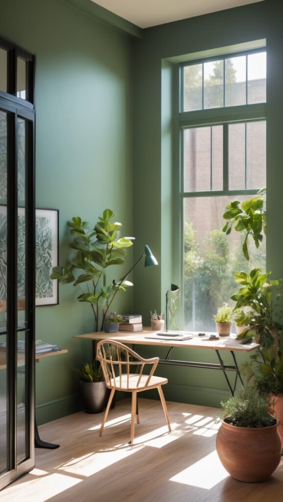 courtyard green paint, modern workspace design, interior design inspiration, office makeover ideas, vibrant workspace decor