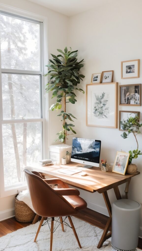 Comfortable home office, Warm cozy workspace, Winter home office decor, Inviting home office environment, Cozy work from home setup