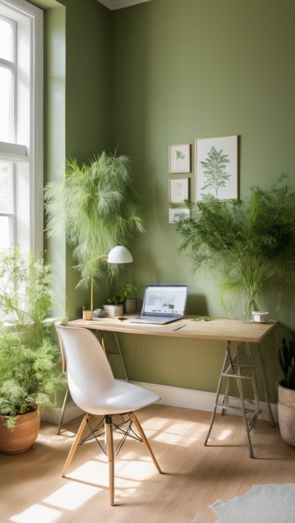 botanical office decor, green office design, plant-themed workspace, natural office interior, leafy office styling