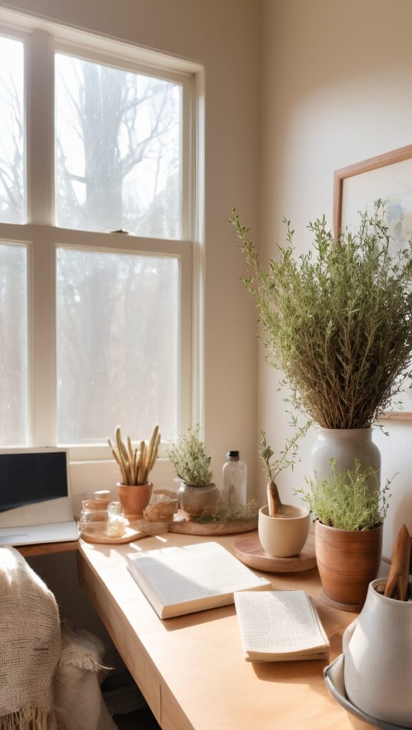 organic home decor, natural office accents, eco-friendly design, sustainable workspace, earthy interior styling