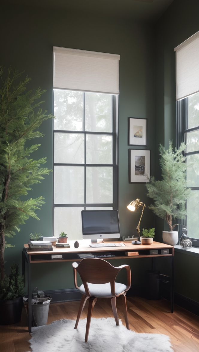 Evergreen fog paint, Moody home office decor, Modern home office design, Evergreen fog color scheme, Office renovation ideas