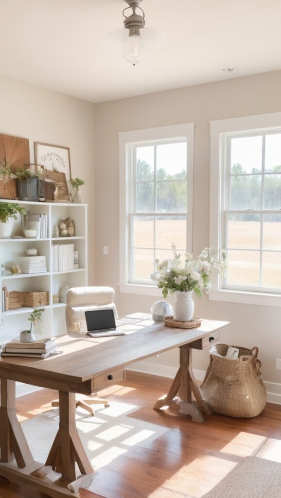 farmhouse office design, rustic office decor, country chic office, vintage office furniture, cozy workspace design