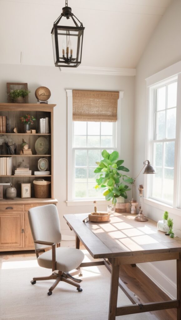 rustic home office decor, farmhouse office design, cozy home office ideas, country office decor, vintage office furniture