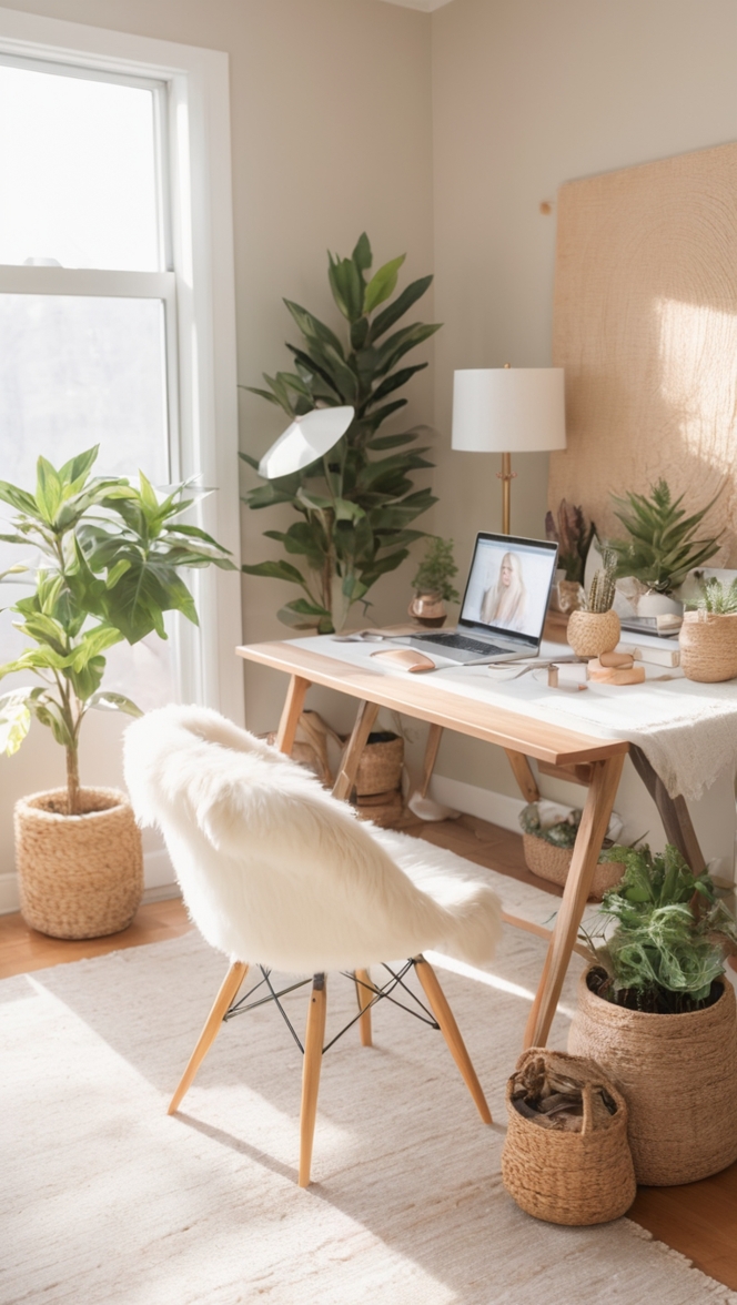 cozy office decor, earthy home office design, modern rustic office space, warm workspace atmosphere, inviting work environment