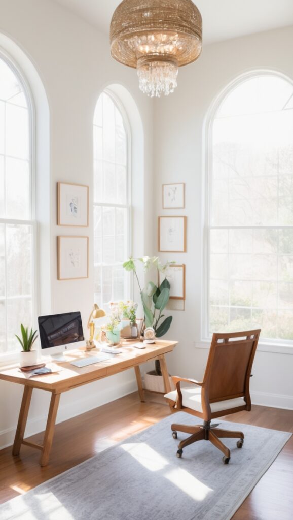 Office decor ideas, Stylish workspace design, Feminine office decor, Chic workspace inspiration, Office design tips