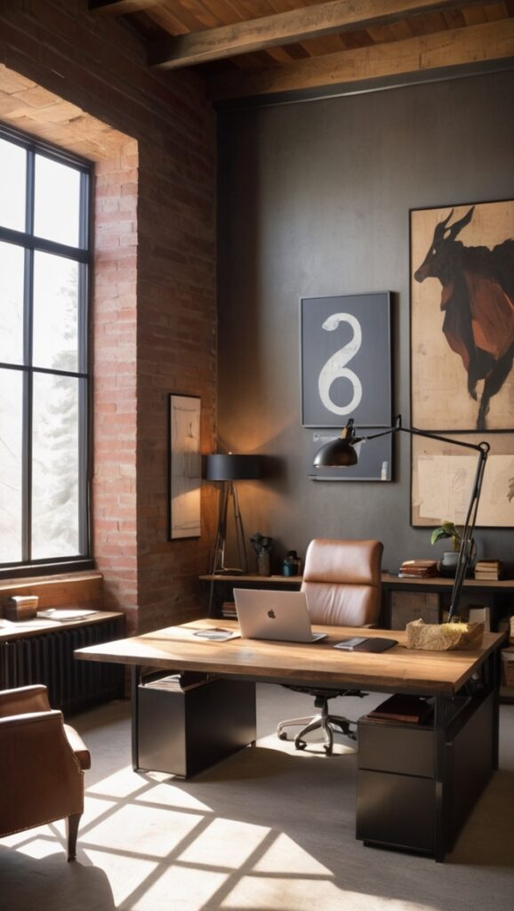 Masculine office design, Cozy workspace, Iron Mountain walls, Office interior inspiration, Industrial office decor