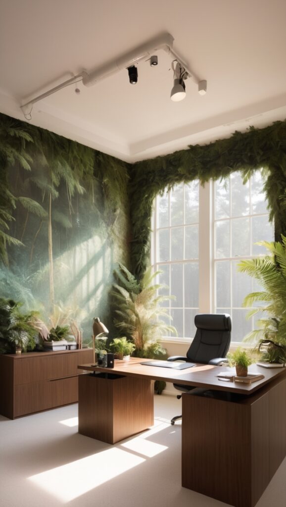Forest inspired office, Pine themed workspace, Natural office decor, Greenery inspired workspace, Botanical office design