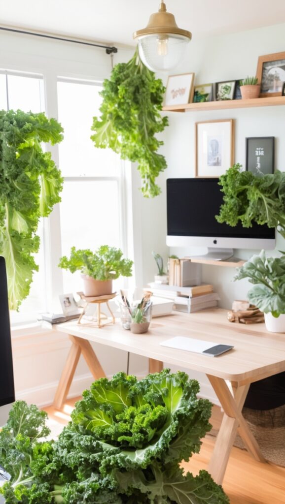 greenery decor, home office design, plant aesthetic, indoor plant styling, green office decor