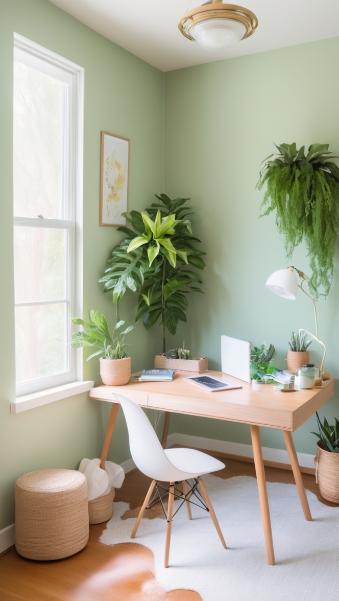 office nook transformation, natural office decor, green office design, eco-friendly workspace, sustainable office makeover