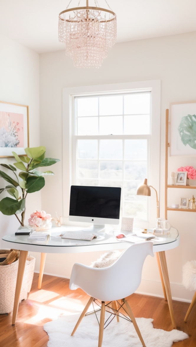 Home office decor, Interior design ideas, Feminine decor, Modern office setup, Stylish workspace