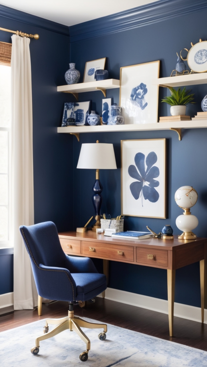 bold navy blue home decor, sophisticated home office design, dark blue office furniture, navy blue accent wall, elegant home office colors