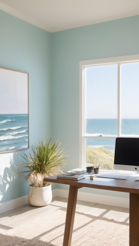 Rainwashed Walls, Relaxing Office Decor, Coastal Office Theme, Tranquil Workspace Design, Blue Green Office Makeover